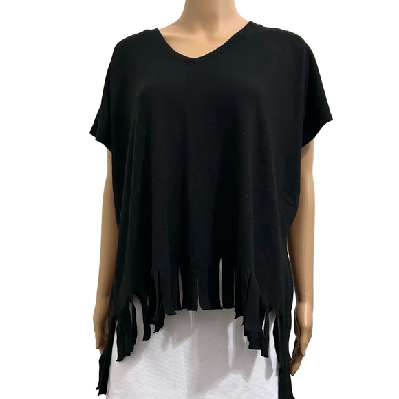Go Couture Black Fringe Top with V Neck and Short Sleeves - Picture 1 of 4